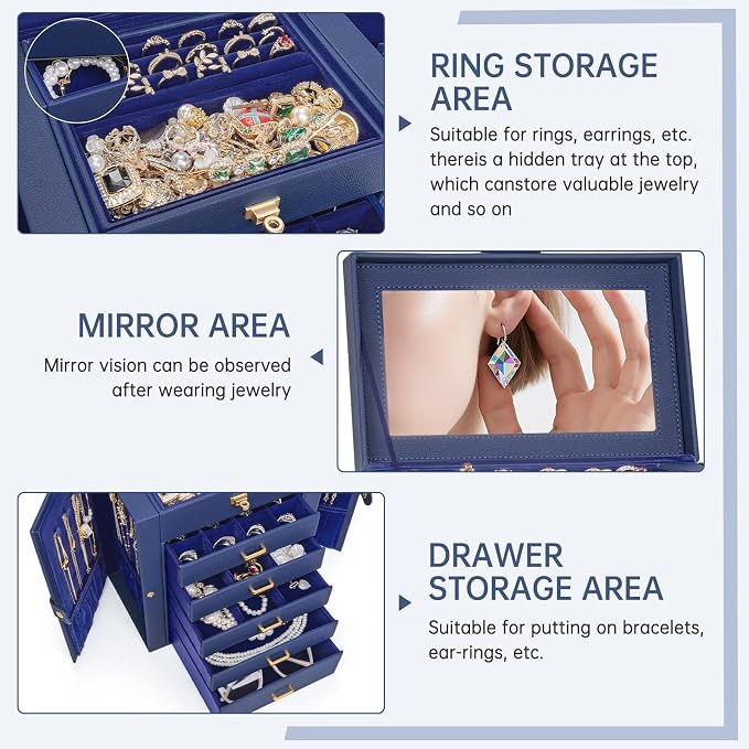 AKOZLIN 6-Tier Jewelry Box Organizer Functional 5 Drawers Leather Jewelry Storage Case for Women Girls Ring Necklace Earring Bracelet Holder Organizer with Mirror Medium Blue - Image 3