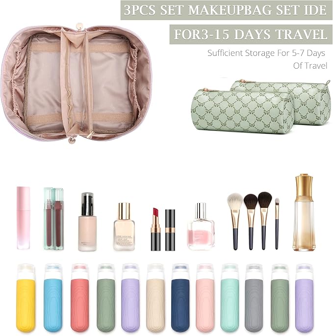 Travel Makeup Bags for Women: 3 Pcs Set Luxury Bow Print Make up Bag - Large Capacity Cosmetic Case - 3–15 Day Travel Toiletry Organizer Bag, Comes with An Gift Box(Ragweed green) - Image 4