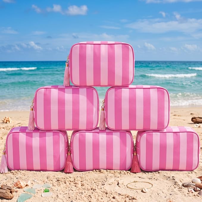 Kacctyen 6 Pack Bright Pink and Candy Pink Striped Makeup Bag bulk with Tassel Travel Cosmetic Pouch Organizer Large Zipper Toiletry Case for Women Aesthetic Storage Pouch Mahjong Tile Bag by Kacctyen