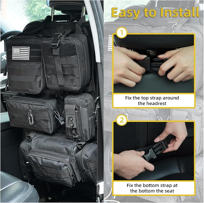Tactical Car Seat Back Organizer,Tactical Molle Seat Back Organizer with 6 Detachable Molle Pouch,Universal Fits for Car Truck Jeep Vehicle Black - Image 3