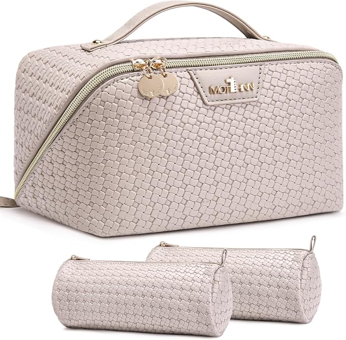 Travel Makeup Bag for Women: Designer 3 Pcs Set Cosmetic Bags for Women - Large Capacity Vagen Leather Hand-made for Toiletry Organizer - Ladies Travel Flat Open Essentials for Luxury (05White) by Unknown