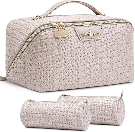 Travel Makeup Bag for Women: Designer 3 Pcs Set Cosmetic Bags for Women - Large Capacity Vagen Leather Hand-made for Toiletry Organizer - Ladies Travel Flat Open Essentials for Luxury (05White) by Unknown