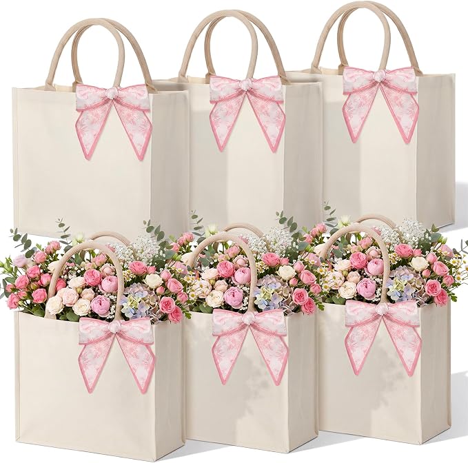 Glenmal 6 Pcs Burlap Bride Wedding Tote Bag Large Burlap Jute Tote Wedding Gift 14.2 x 12.6 x 6.3 Inch Waterproof Reusable Grocery Bag with Pink Floral Ribbon for Bridesmaid Gift Beach Pool Travel by Glenmal