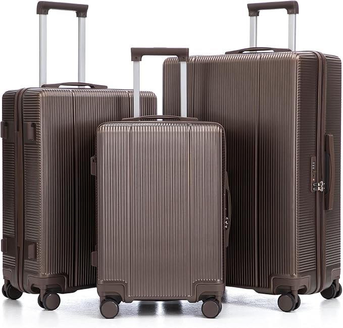 Hardside Luggage Sets, Lightweight Stripes Suitcase with Spinner Wheels, Brwon-205 by Merax