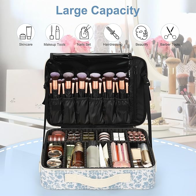 Relavel Makeup Case Large Makeup Bag Professional Train Case Travel Cosmetic Organizer Brush Holder Waterproof Makeup Artist Storage Box, 3 Layer Large Capacity, with Adjustable Strap, Floral Print - Image 4