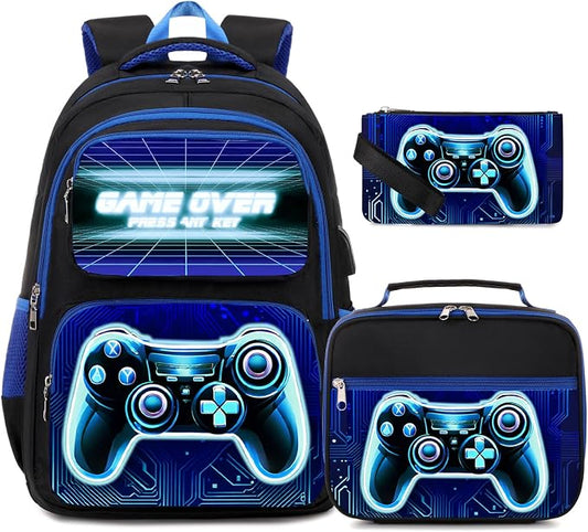 Bevalsa Backpack for Boys, School Bags for Kids, Bookbag for Boys Girls Children Teens Backpacks for Elementary Middle High school Student, Bookbag and Lunch Bag Set with USB Charging Port (Blue) by Bevalsa