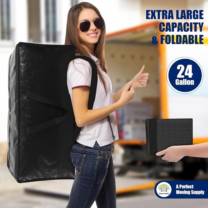 Cosy Family 12 Pack Heavy Duty Moving Bags with Backpack Straps - Strong Handles & Zippers, Storage Totes For Space Saving, Fold Flat, Alternative to Moving Box (X-Large-Set of 12, Black) - Image 7