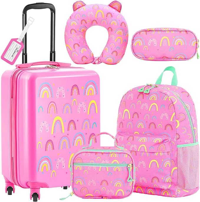 Redbaker 6 Pcs Kids Luggage Set, 17 Inch Rolling Suitcase with Backpack Lunch Bag Neck Pillow, Pink Rainbow Travel Set for Summer Vacation Sleepover Back to School Gift - Image 9