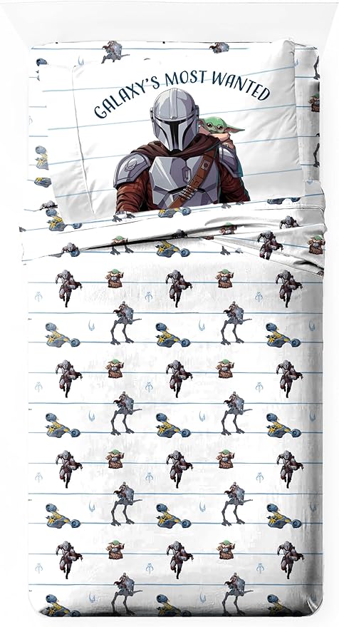Jay Franco Kids Sheet Set with Fitted, Flat Sheets & Pillow Cover - Ultra-Soft Bedding with Pillowcase for Room Decor, White - Star Wars Mandalorian, 3 Piece Twin by JayFranco