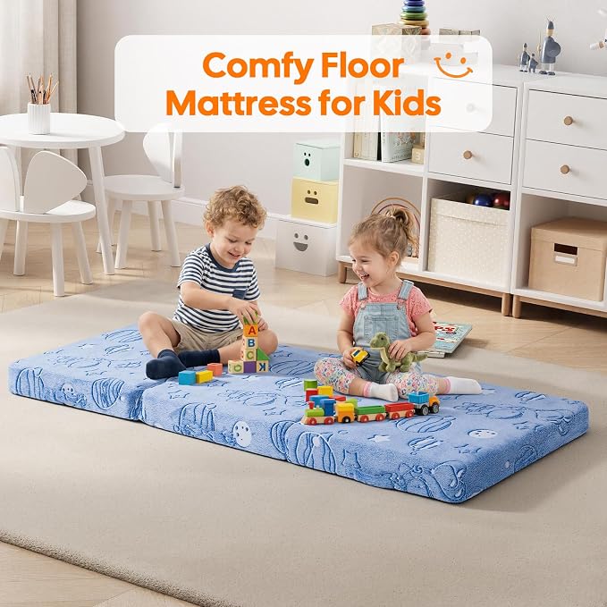 MeMoreCool Glow Space Kids Foldable Floor Mattress Trifold, 57x22 Inch Blue | Glow space trifold mattress for kids room, playroom, reading and travel - Image 6