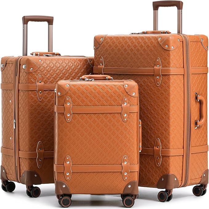 NZBZ Women Vintage Luggage Set 3 Piece, Cute Retro Suitcase with Spinner Wheels and TSA Lock, Faux Leather Carry On and Checked Bag for Travel, 20" 24" 28" (Cognac Brown) by NZBZ