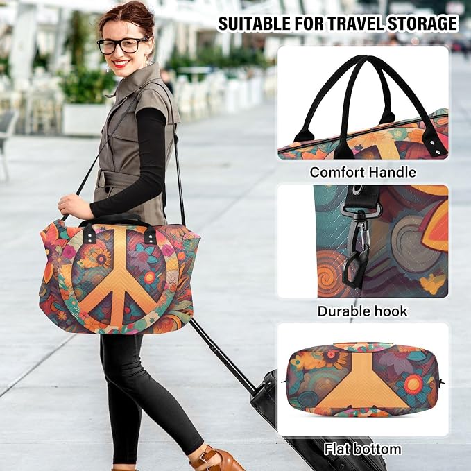 Duffel Bag Set with Toiletry Bag for Travel Gym Sport, Luggage Sleeve Weekender Bag Carry on Overnight Bag-Hippie Peace Print - Image 4