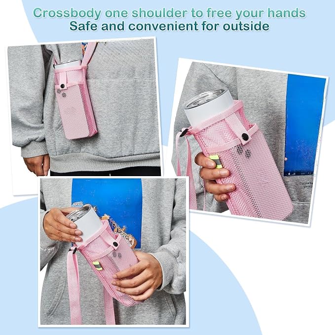 Tessco for you Water Bottle Sling Holder with Adjustable Shoulder Strap Water Bottle Mesh Carrier Bag Sleeve Pouch Holder for Walking Sports - Image 5