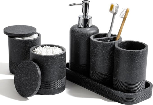 Bathroom Accessories Set, 6-Piece Bathroom Accessory Set, Toothbrush Holders Set, Soap Dispenser, Vanity Tray, Tumbler, Cotton Swab Jars, Bathroom Organizer for Modern Bathrooms(Black) by YMXYJM
