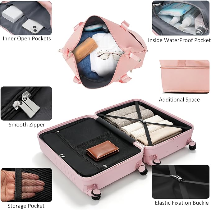 20 Inch Checked Suitcase with TSA Lock Travel Duffel Bag Wet-Dry Toiletry Bag, Pink Front-Opening - Image 4