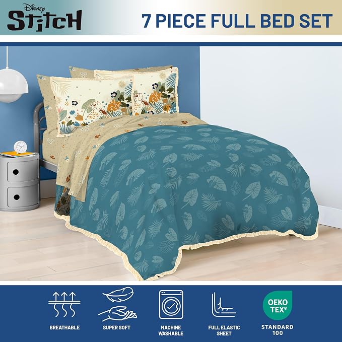 Disney Lilo and Stitch Full Size Comforter Set 7 Piece Bedding, Multi | Floral Bed in a Bag, Comforter Sheets Shams Pillowcases, Official Product, Soft Microfiber, Machine Washable, Girls Gift - Image 4