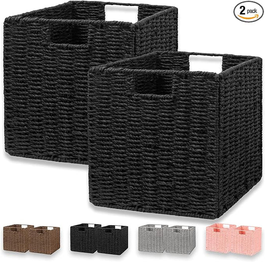Vagusicc Wicker Storage Basket, Set of 2 Hand-Woven Wicker Basket, Foldable Cube Storage Bin, Black Storage Basket, Square Storage Baskets for Organizing Shelves & Decor, Black (11″×11″×11″) by Vagusicc