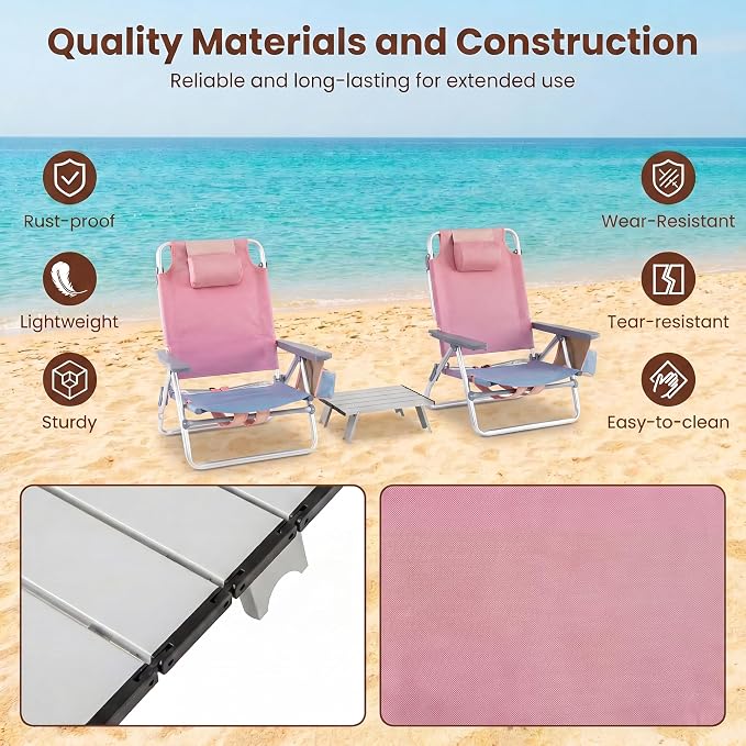Giantex Folding Beach Chair, Patio Sling Chairs with 5 Adjustable Position, Head Pillow, Storage Bag, Towel Bar, Cup Holders, Backpack Chairs for Sunbathing, Camping Chair - Image 7