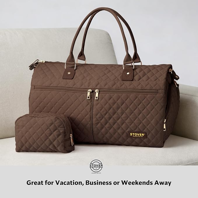 STOVER Women’s Convertible Garment Duffel Bag for Travel – 2-in-1 Carry-On Weekender/Overnight Tote - Wrinkle-Free Dresses, Suits & Clothes + Shoe Compartment & Bonus Toiletry Bag (Mocha Brown) - Image 8