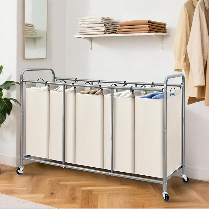 STORAGE MANIAC 5 Section Laundry Sorter, 5 Bins Rolling Separator Laundry Basket, Dirty Clothes Hamper Divider with Heavy Duty Lockable Wheels, Large Clothes Organizer Cart, Beige - Image 6
