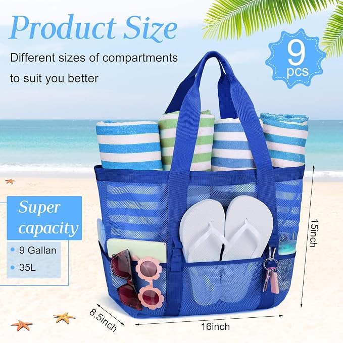 Hillban Large Beach Mesh Bags Bulk for Women Beach Tote Bag with 8 Pocket Zipper Waterproof Sandproof for Pool Cruise Ship - Image 4