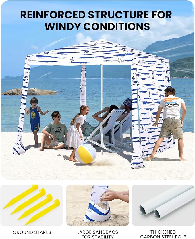 Qipi Beach Cabanas for Sand, Beach Canopy with Sandbags & Side Wall for Family, Easy Set Up Sun Shelter, UPF 50+ UV Protection with Roof Vent - Image 5