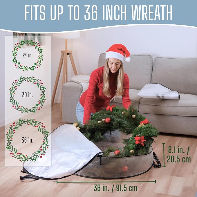 VENO 4 Pack Summer Wreath Storage Container, 36 Inch Clear Wreath Bag, Spring, Christmas Garland Decoration Organizers with Zipper and Durable Handles (Clear, 36"-4 Pack) - Image 2