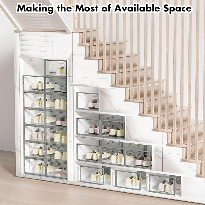 Foluck Shoe Storage Box, 15 Pack Clear Plastic Stackable Organizer for Closet, Interlocking Design Shoes Container Bins for Sneakers, Foldable Shoe Rack with Lids, Grey - Image 7