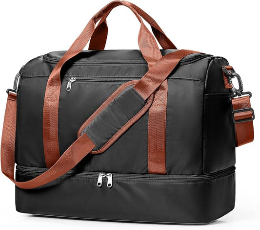 Travel Duffel Bag,Carry-On Overnight Weekender Bags with Shoes Compartment | Travel Bag with Wet Pocket & Luggage Sleeve, For Spirit Airlines 18x14x8 Personal Item Bag,Small,Black & Brown by SYCNB