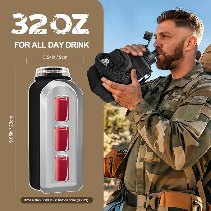 NATURE PIONEOR 32 oz Tactical Water Bottle with MOLLE Bottle Pouch & 3 Lids | 18/8 Food-grade Stainless Steel, Double Vacuum Insulation, 3 Leak-proof Lids, Handle, Strap, Camping, Hiking, Gym, Work - Image 6