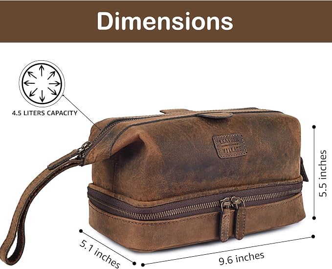 LEATHER VILLAGE Genuine Leather Dopp Kit – Large Travel Toiletry Bag with Waterproof Lining, Dual-Zip Design for Men & Women, Organizer for Shaving, Makeup & Essentials - Rustic Brown - Image 5