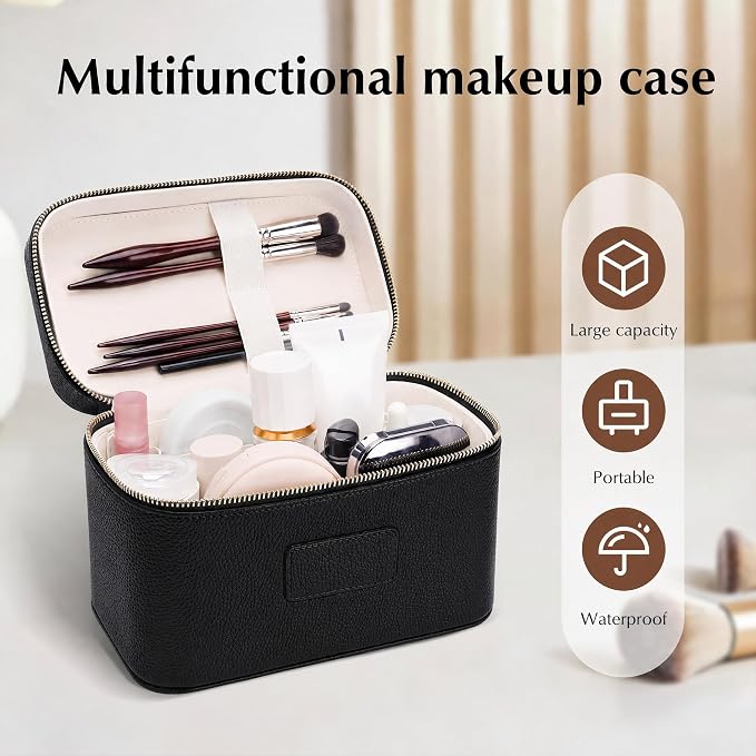 Makeup Case for Women, Leather Makeup Bag Cosmetic Case with Removable Divider, Large Capacity Waterproof Portable Travel Toiletry Make up Organizer Case - Image 4