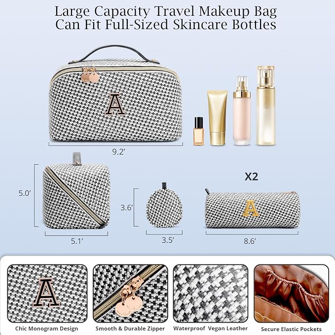 Personalized Gift Travel Makeup Bag: Initial Makeup Organizer Bag for Women | 3-in-1 Custom Make up Bag Set - Vegan Leather Travel Cosmetic Bag - Luxury Gift for Women – Birthday, Anniversary, Graduation - Image 6