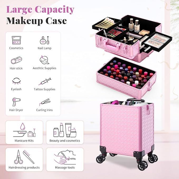 3 in 1 Rolling Makeup Train Case Cosmetology Case on Wheels, Pink | Large Cosmetic Trolley Organizer with Keys Salon Barber Case Traveling Cart Trunk for Artist Hairstylists Nail Tech - Image 3