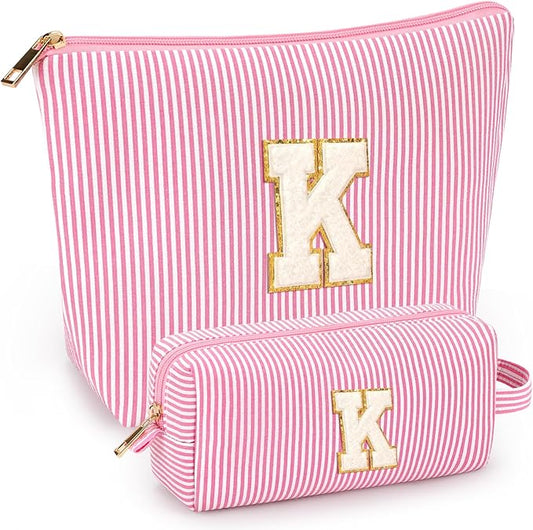 2 PCS Initial Makeup Bags for Women: Cosmetic Bag for Travel Toiletry - Birthday Gifts for 11 12 13 14 15 16 17 18 Years Old Girl Graduation Teacher Gift- Teen Girl Gifts Trendy Stuff - Pink K