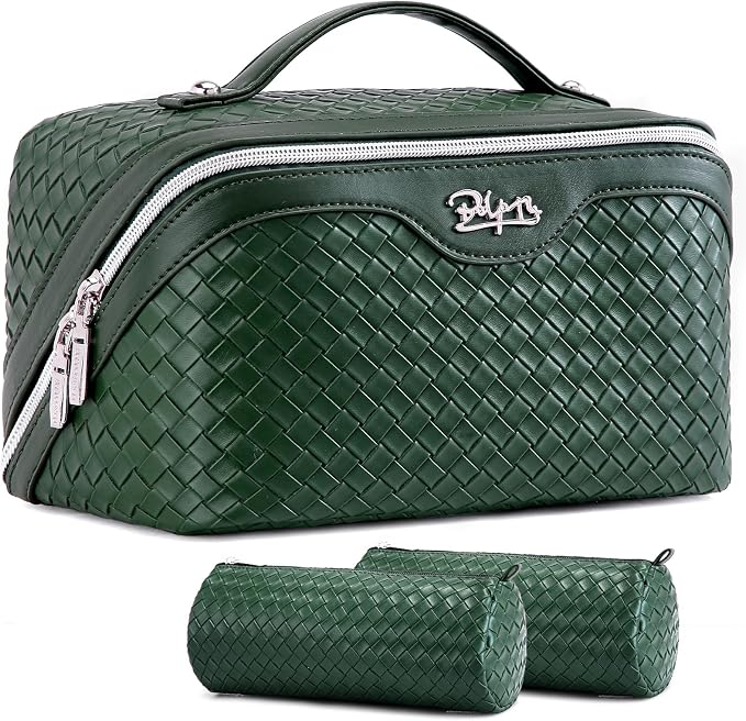 BOYATU Travel Makeup Bag Cosmetic Bags for Women: Large Capacity 3 Pcs Set Make up Bag with Compartments - Waterproof Vegan Leather Toiletry Organizer Bags with Handle (L06 Olive) by BOYATU