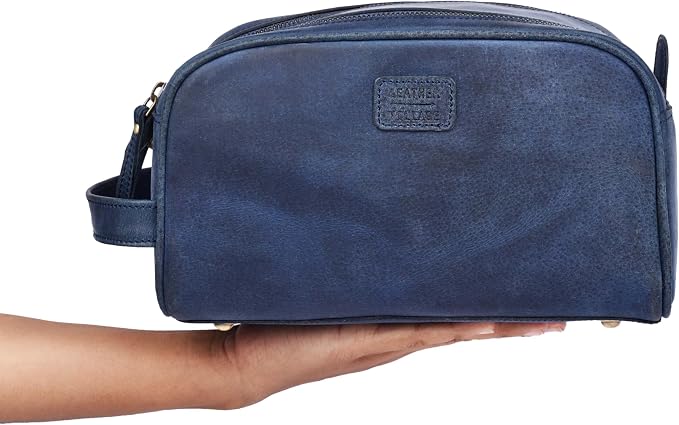 LEATHER VILLAGE Genuine Leather Toiletry Travel Bag With Waterproof Lining - Blue | King-Size Handcrafted Vintage Dopp Kit Bag, Shaving & Bathroom Organizer, Gift for Men & Women - Image 9