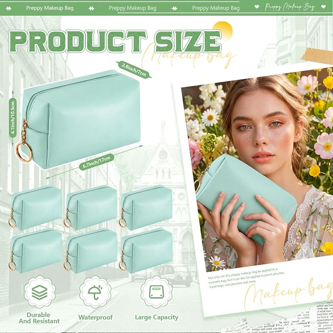 Chunful 24 Pcs Preppy Makeup Bag PU Leather Cosmetic Bag Bulk Makeup Plain Pouch Waterproof Toiletry Purse for Women Traveling Preppy Pencil Case Valentine's Day Gifts (Mint Green) - Image 2