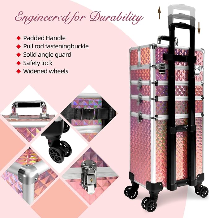 5 in 1 Rolling Makeup Train Case on Wheels Large Cosmetic Organizer Travel Cart for Women Beauty Salon Barber Hairstylist Pink - Image 7