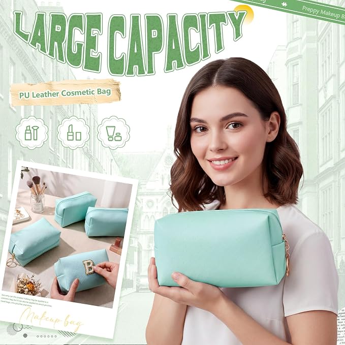 Chunful 24 Pcs Preppy Makeup Bag PU Leather Cosmetic Bag Bulk Makeup Plain Pouch Waterproof Toiletry Purse for Women Traveling Preppy Pencil Case Valentine's Day Gifts (Mint Green) - Image 5