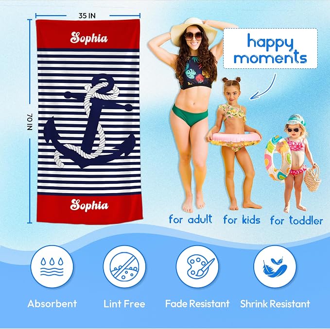 JML Personalized Beach Towel with Name, Custom Anchor Beach Towel, Customized Microfiber Pool Towel, Quick Dry & Absorbent Swim Towel for Adult,Anniversary, Birthday, Summer Holiday,Vacation - Image 3