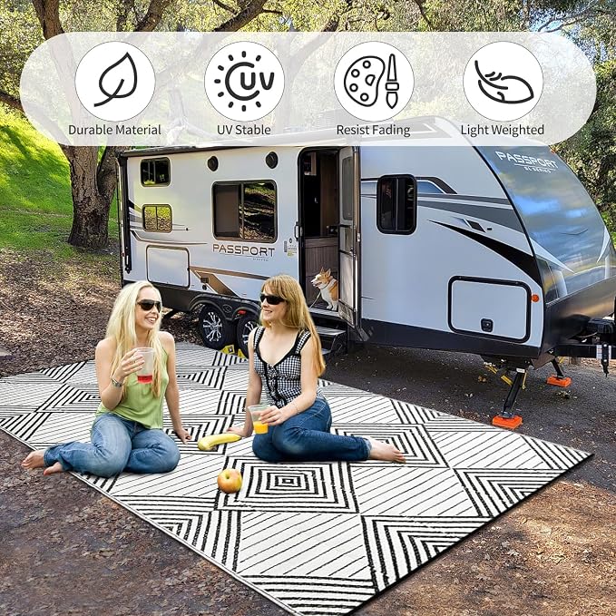 Waterproof Outdoor Rug 9x12ft, Foldable Reversible Plastic Straw Mat for Patio RV Deck Porch Backyard Balcony Camping Picnic Beach Indoor Outdoor Carpet, Black&White - Image 5
