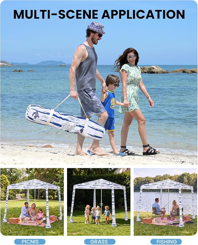 Qipi Beach Cabanas for Sand, Beach Canopy with Sandbags & Side Wall for Family, Easy Set Up Sun Shelter, UPF 50+ UV Protection with Roof Vent - Image 8