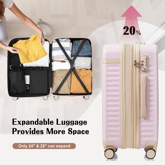Hardshell Luggage, Lightweight Suitcase with Spinner Wheels, LIGHT PINK+USB - Image 3