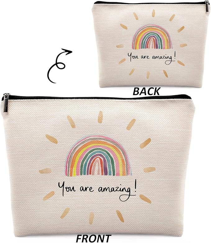 You Are Amazing Makeup Cosmetic Bag, Watercolor Rainbow Linen Makeup Travel Toiletry Bag, Inspirational Cosmetic Bag Gifts For Women Girls Wife Her Sister Mom Girlfriend