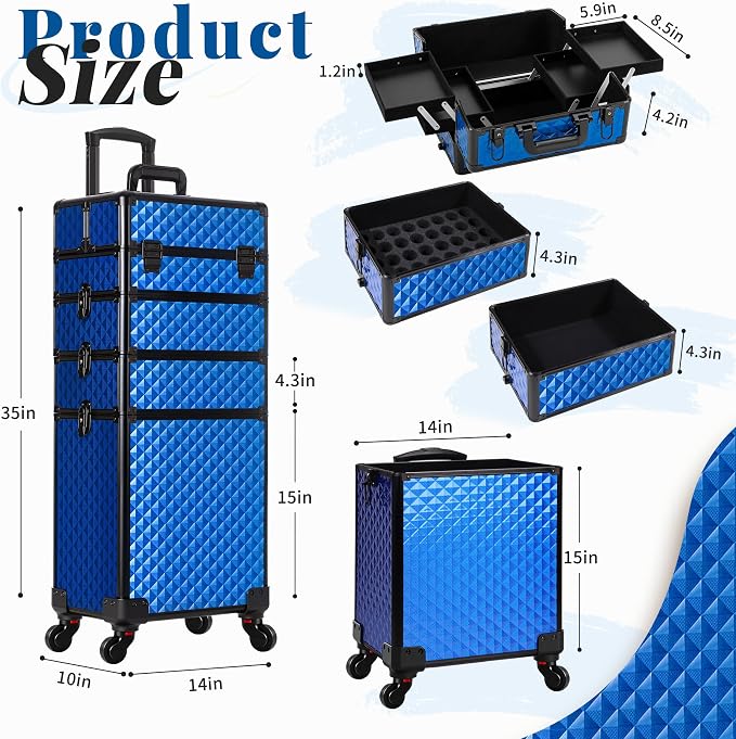 AROUS Rolling Makeup Train Case 4 in 1 Cosmetology Case on Wheels Large Storage Cosmetic Trolley with Key Salon Barber Traveling Cart Trunk, Blue - Image 3
