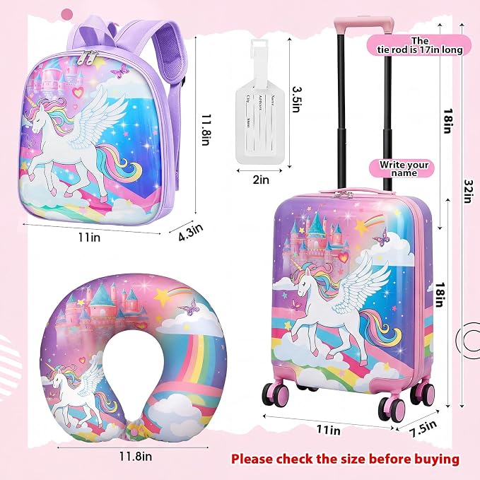Sanwuta 4 Pcs Kids Luggage Set Back to School Gifts for Girls Boys Carry On Rolling Suitcase Backpack Neck Pillow Travel Set(18 Inch,Castle Unicorn Style,Pink Purple) - Image 2