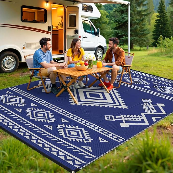 GOTGELIF 9x12 ft RV Camping Rug Waterproof, Large Reversible Bohemian Outdoor Plastic Straw Mat with Carry Bag, 4 Stakes & Seam, UV-Resistant Portable Carpet for Patio Pool Beach Deck (Blue & White) - Image 9