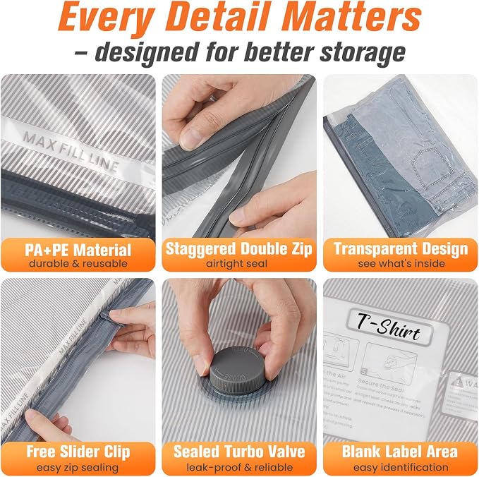 18 Pack Vacuum Storage Bags for Travel with Rechargeable Cordless Pump, Space Saver Bags for Clothes, Compression Packing Bags for Luggage and Suitcase, 18 Combo Size - Image 8