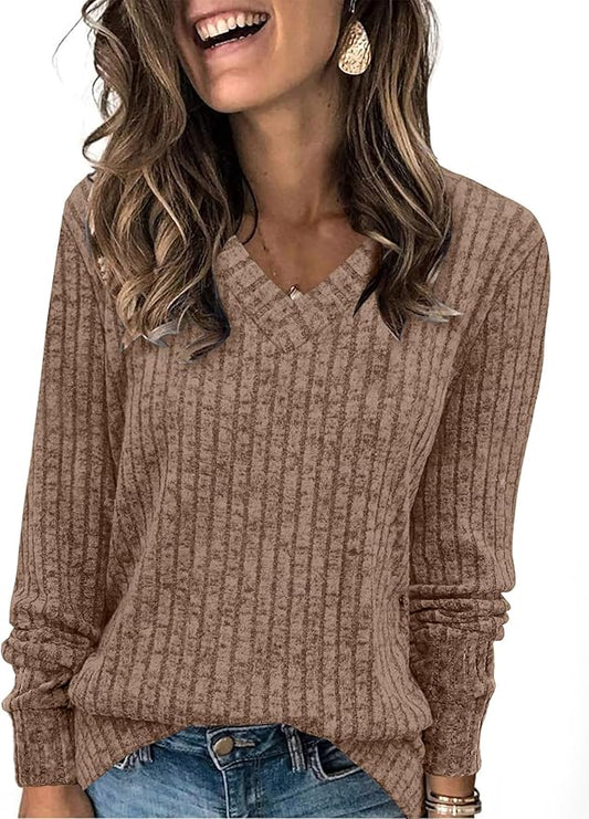 Sampeel V Neck Long Sleeve Shirts for Women Casual Fall Tops Lightweight Tunic Sweaters Fashion Clothes Loose Fit 2025